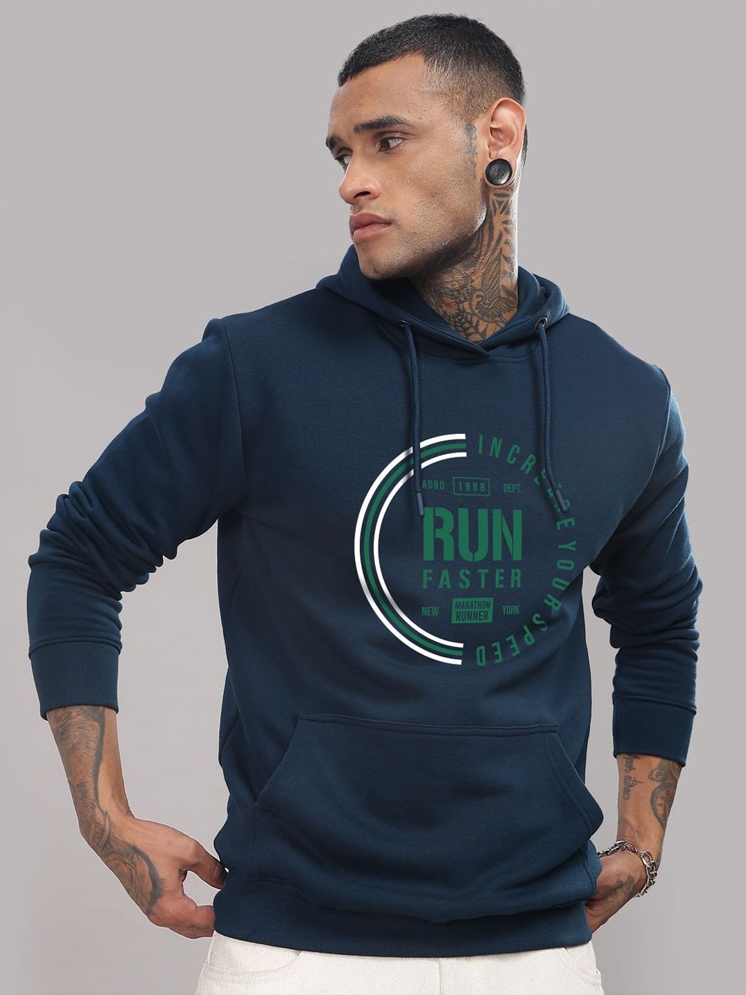 ADRO Men Typography Printed Hood Cotton Pullover Sweatshirt