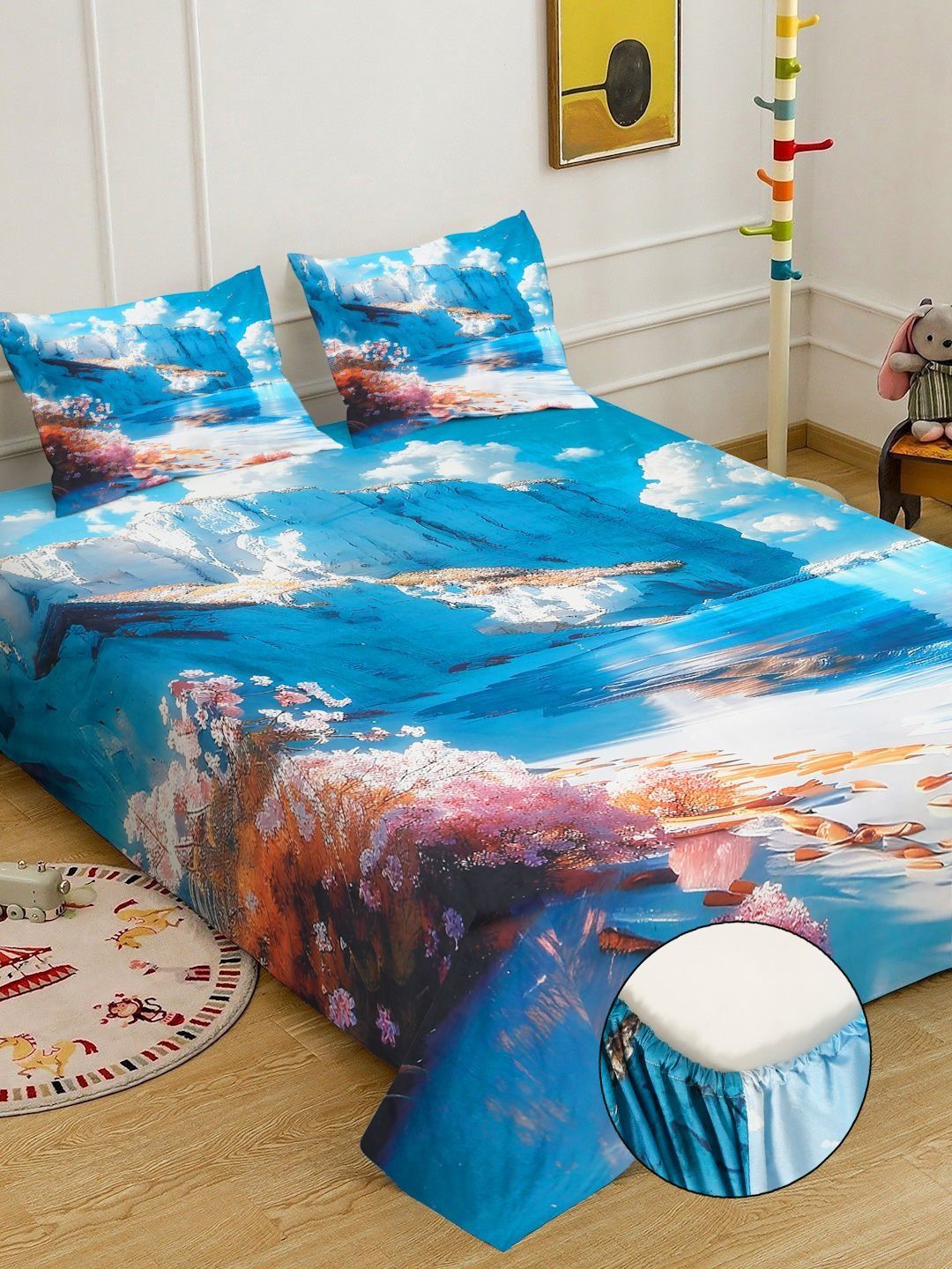 KLOTTHE Blue Floral Printed Dilengkapi 400 TC Double King 7D Cadar Dengan 2 Sarung Bantal