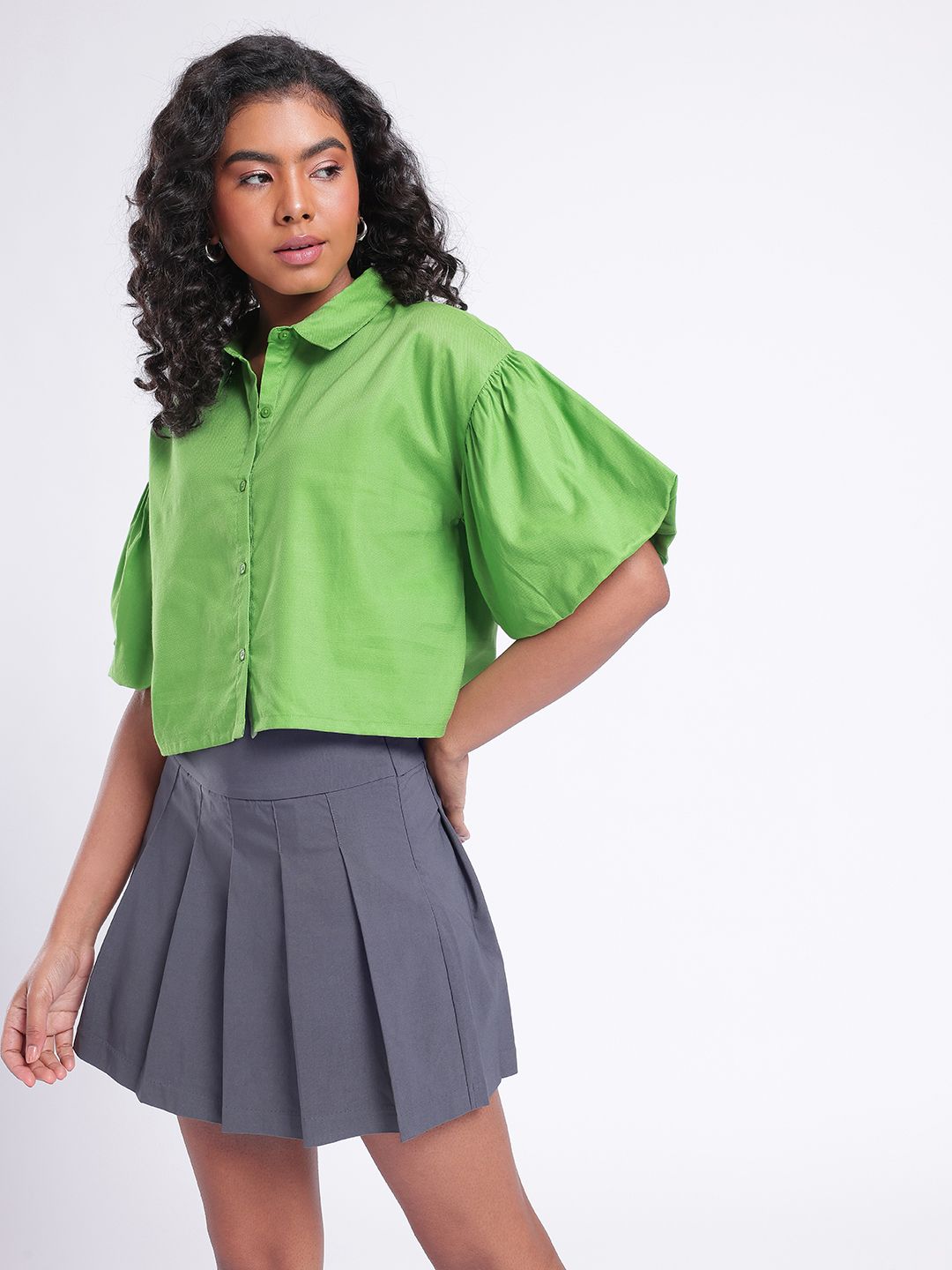 DressBerry Glam Cute Puffed Sleeves Boxy Crop Shirt