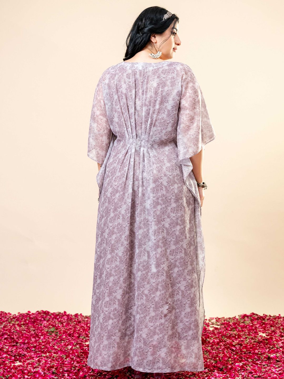 Pakaian Kaftan Leher V Bercetak Bunga Mamicha Wanita