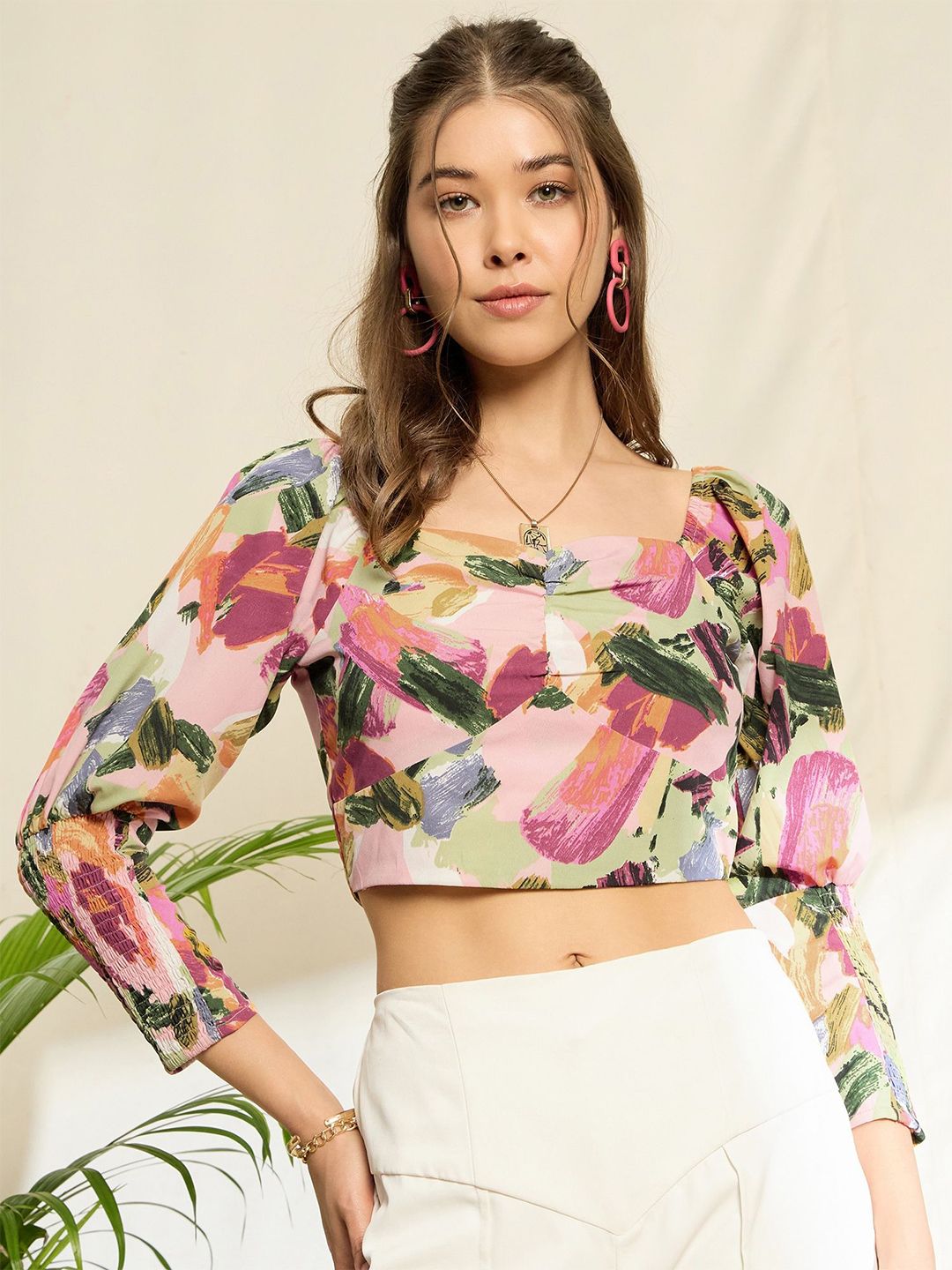 Berrylush Women Print Sweetheart Neck Puff Sleeve Crop Top