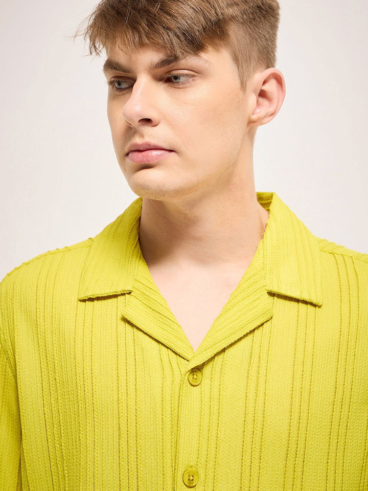 THE BEAR HOUSE Men Cuban Collar Vertical Striped Casual Shirt