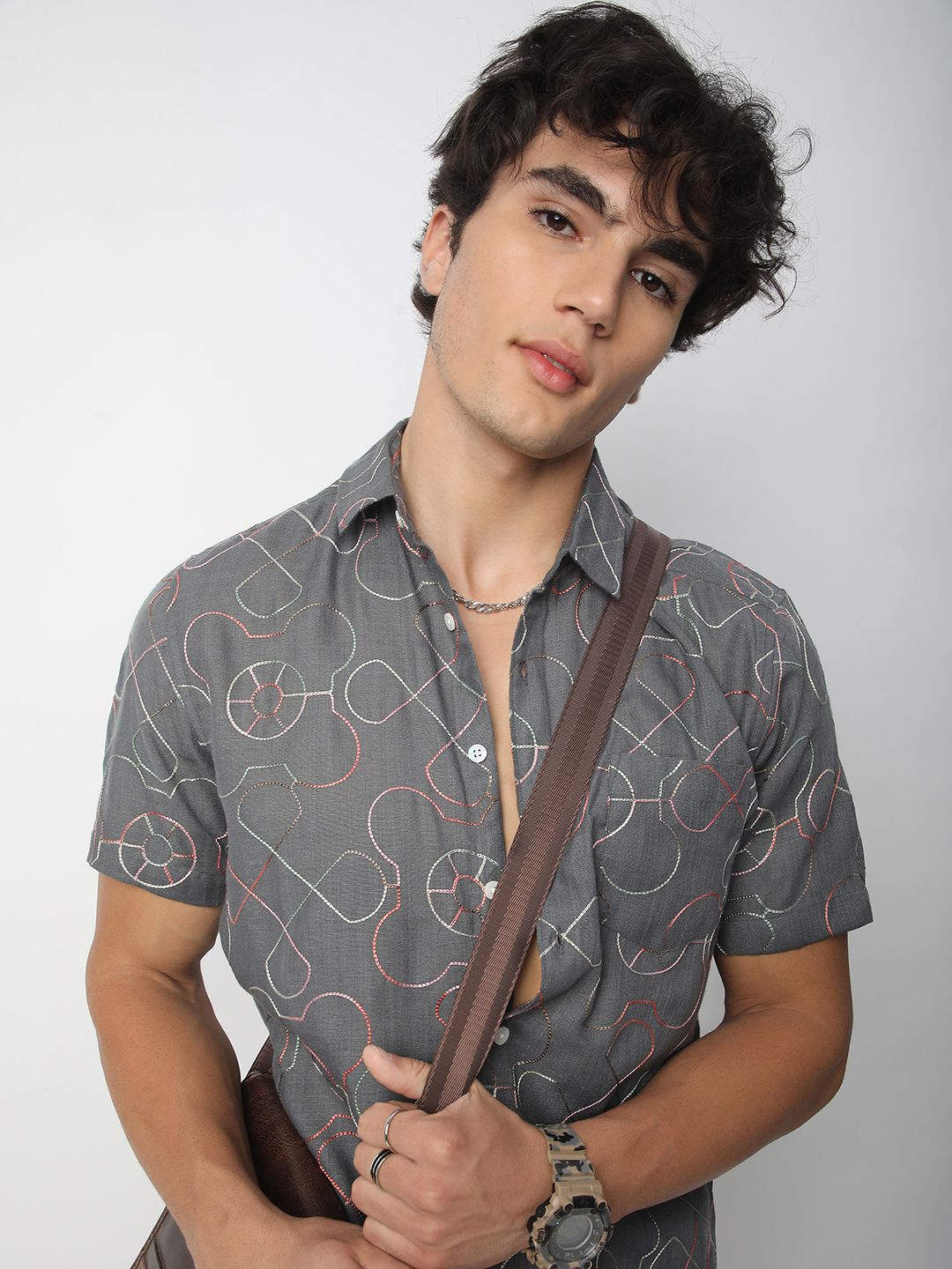 VASTRADO Men Classic Spread Collar Geometric Self Design Cotton Slim Fit Casual Shirt