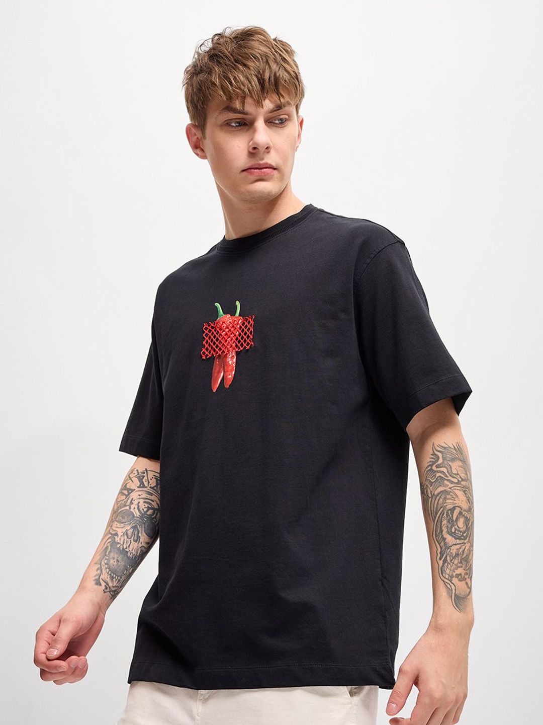 THE BEAR HOUSE Men Graphic Printed Round Neck Cotton Oversized T-shirt
