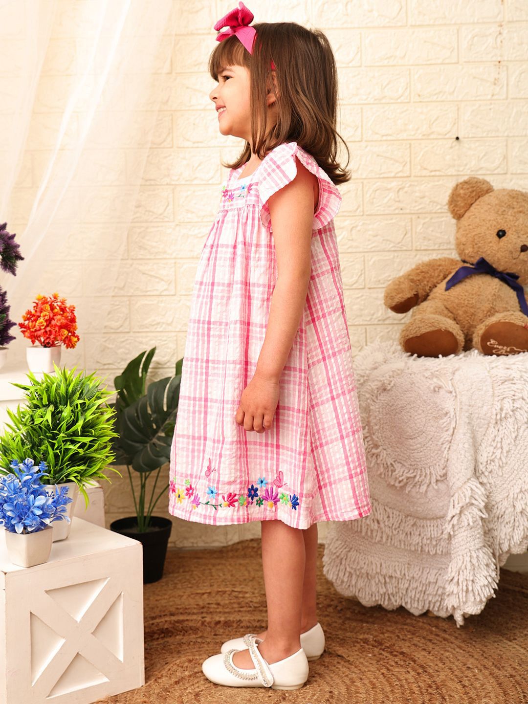Nauti Nati Girls Embroidered Checked Cotton A-Line Dress