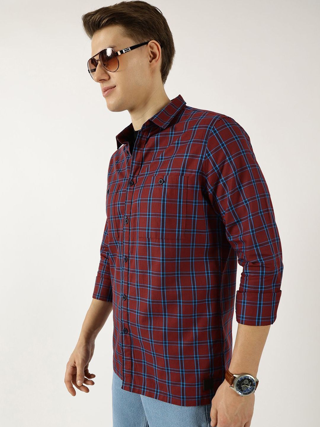 Thomas Scott Men Classic Fit Spread Collar Windowpane Checked Cotton Casual Shirt