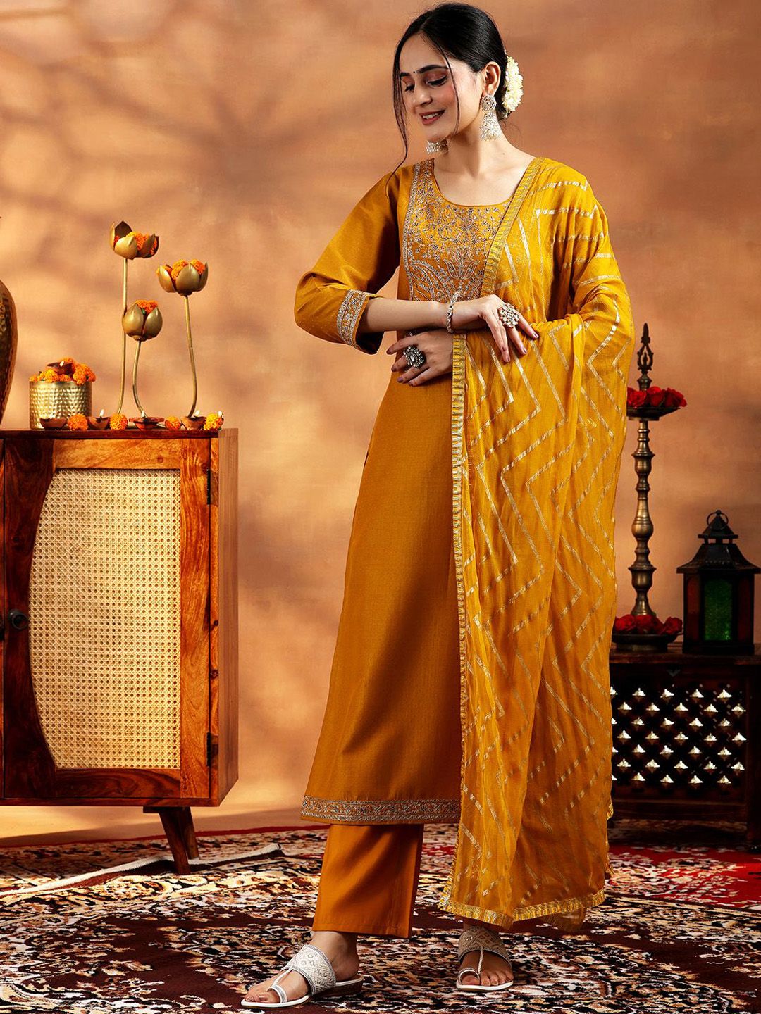 Libas Paisley Yoke Design Thread Work Straight Kurta with Trousers & With Dupatta
