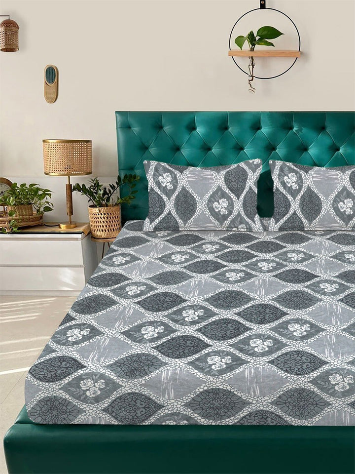KLOTTHE Grey Geometric Printed Dilengkapi 300 TC Woolen Bedsheet King & 2 Sarung Bantal