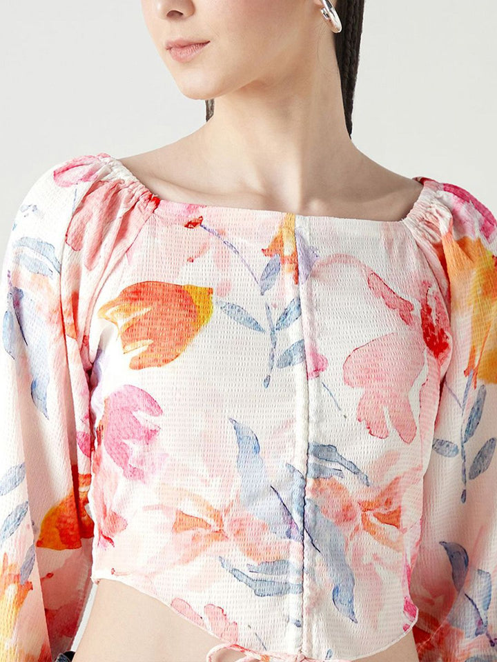Bewakoof Women Floral Printed Puff Sleeve Crop Top