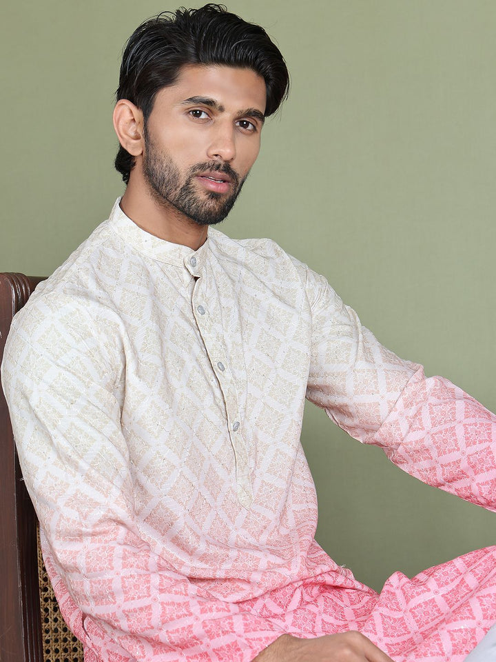 Jompers Geometric Printed Band Collar Straight Kurta With Trouser