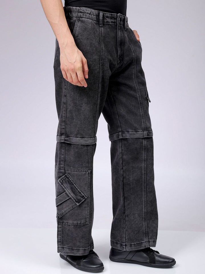 The Indian Garage Co Men Mid Rise Clean Look Wide Leg Relaxed Baggy Fit Cargo Jeans