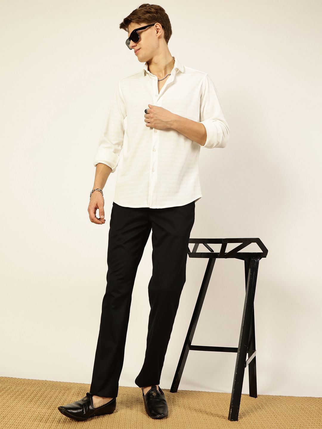 Thomas Scott Men Premium Spread Collar Horizontal Striped Casual Shirt