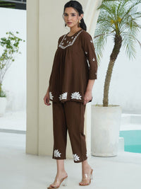 House of Chikankari Brown 2 Keping Cotton Solid Tunic dengan Set Co-Ord Seluar