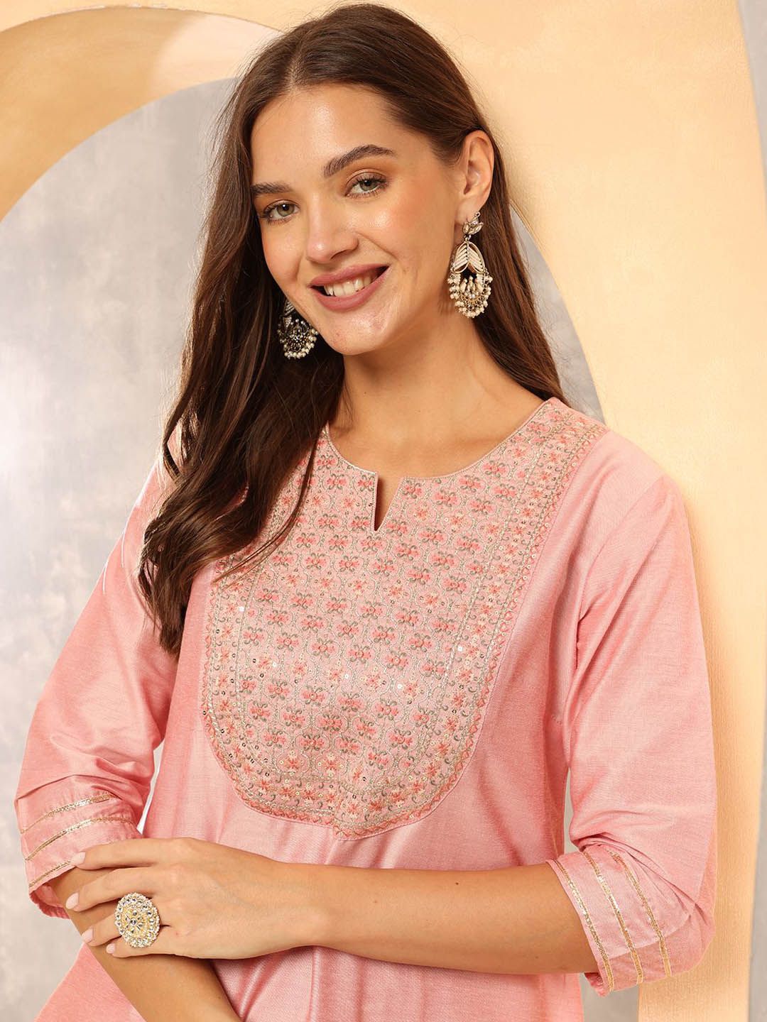 Anouk Peach-Coloured Floral Embroidered Sequinned Straight Kurta With Trousers & Dupatta