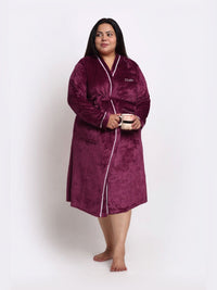KLOTTHE Plus Size Maroon & White Woollen Bath Robe With Belt