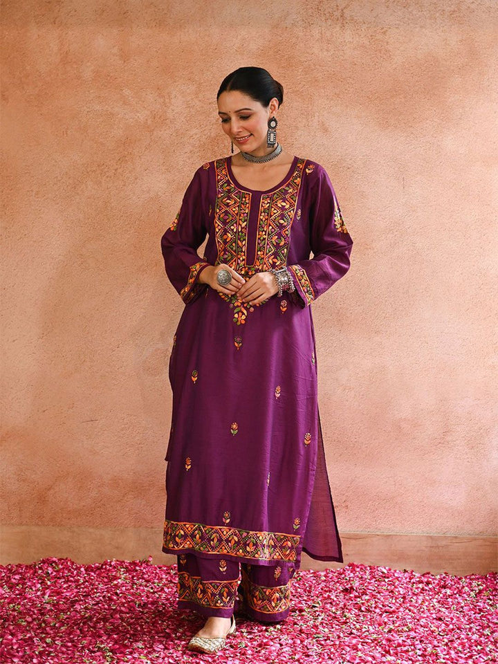 House of Chikankari Women Purple Chanderi Chikankari Sulam Set Kurta