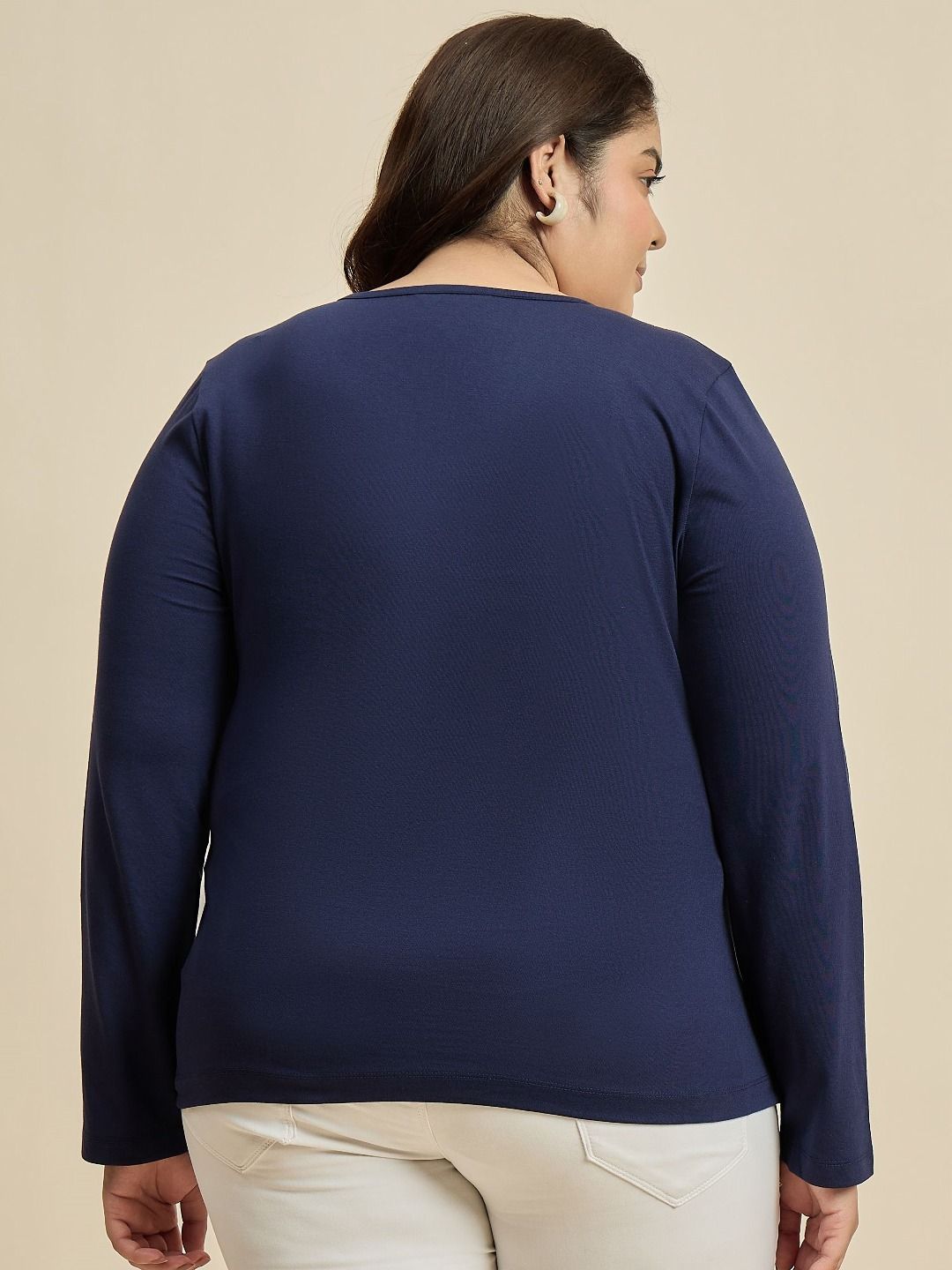 CURVY STREET Women Solid V-Neck Cotton Plus Size T-shirt