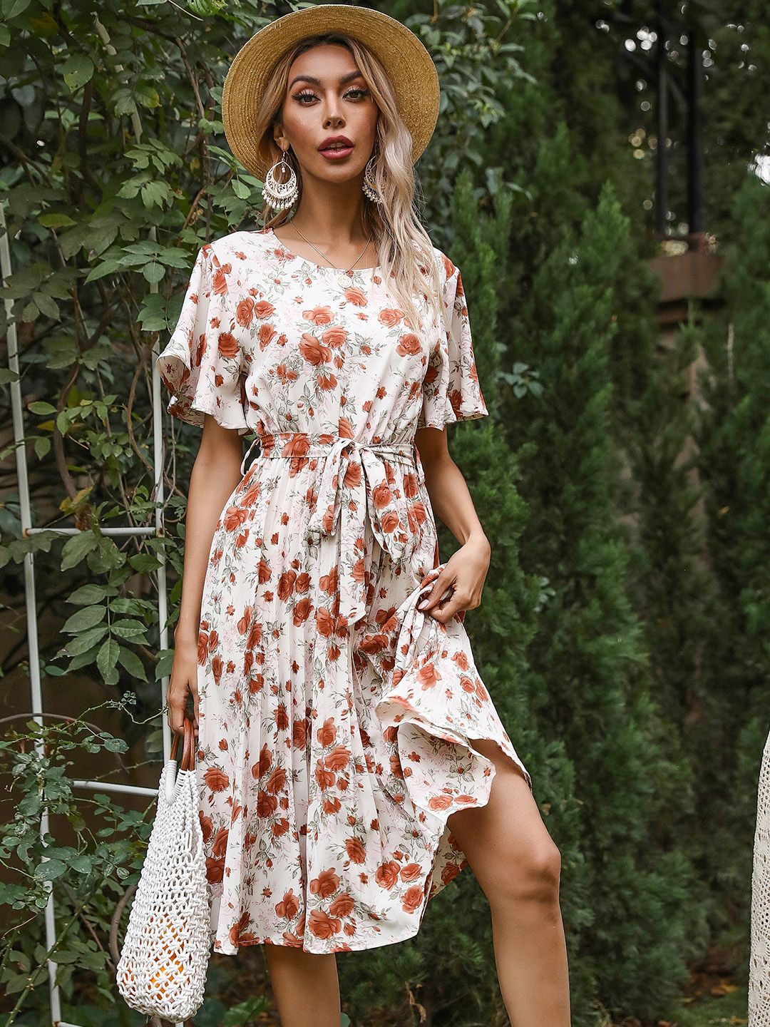 DressBerry Floral Print Belted A-Line Midi Dress