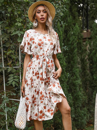 DressBerry Floral Print Belted A-Line Midi Dress