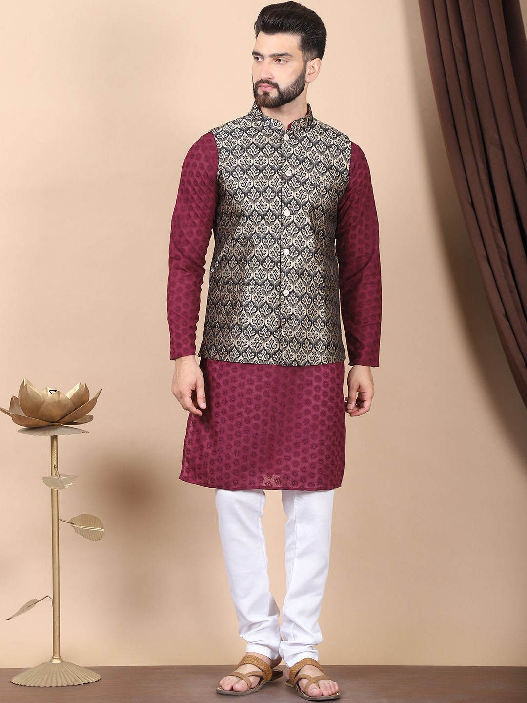 Anouk Purple Floral Embroidered Thread Work Pure Cotton Kurta with Churidar & Nehru Jacket