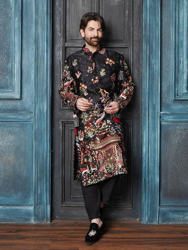 SOJANYA LUXE Bunga Sulam Benang Kerja Cotton Satin Kurta Lurus Dengan Seluar