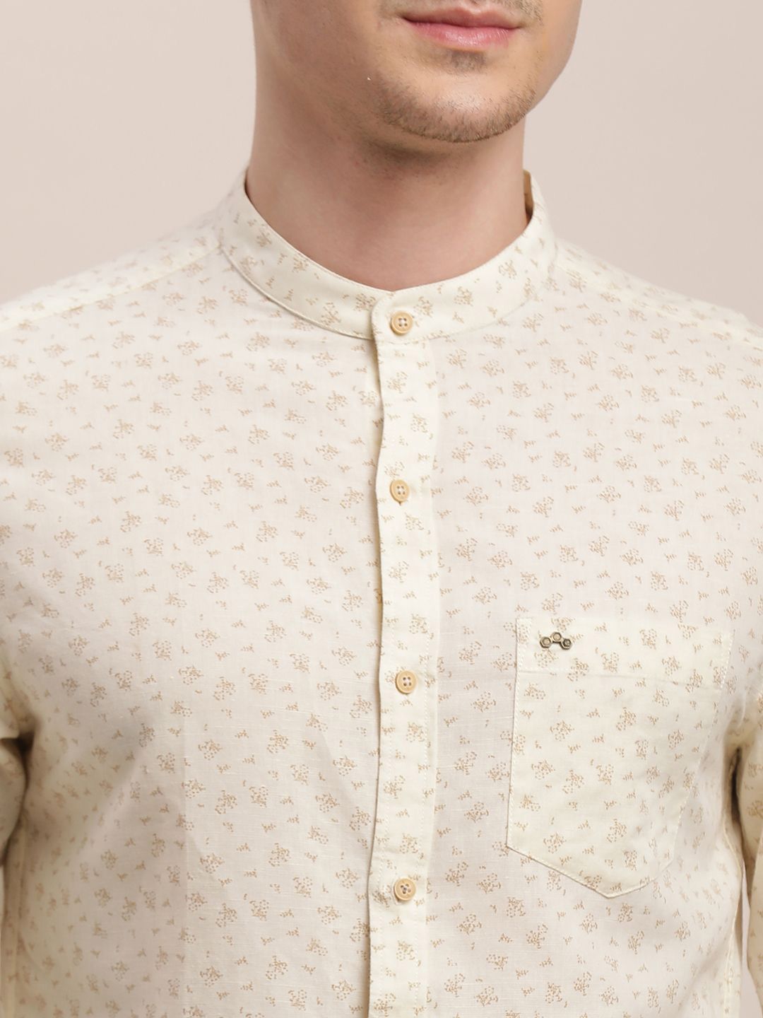 Turtle Men Relaxed Mandarin Collar Micro Ditsy Printed Cotton Linen Slim Fit Casual Shirt