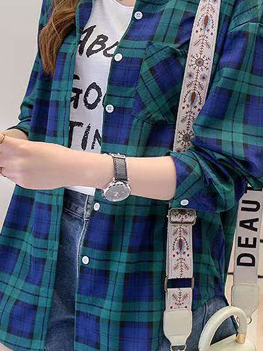 DressBerry Women Oversized Fit Tartan Checked Spread Collar Casual Shirt