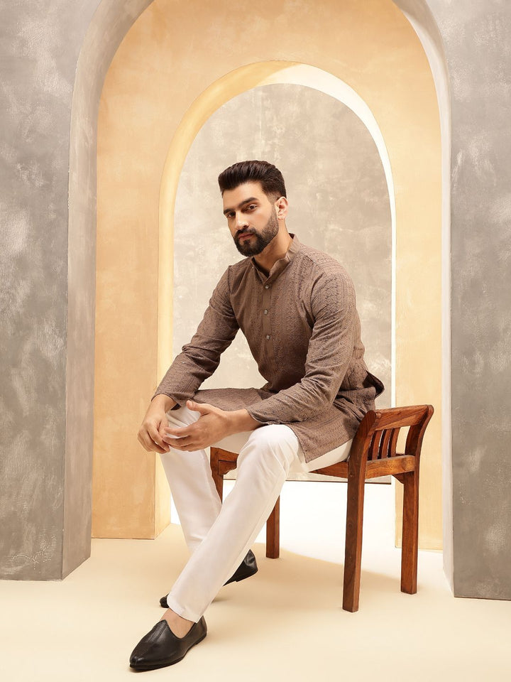 Anouk Brown Ethnic Motifs Embroidered Sequinned Pure Cotton Straight Kurta with Pyjamas