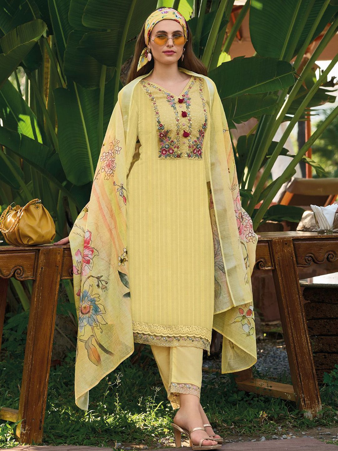 Indo Era Yellow Floral Embroidered Thread Work Pure Cotton Kurta with Trouser &  Dupatta