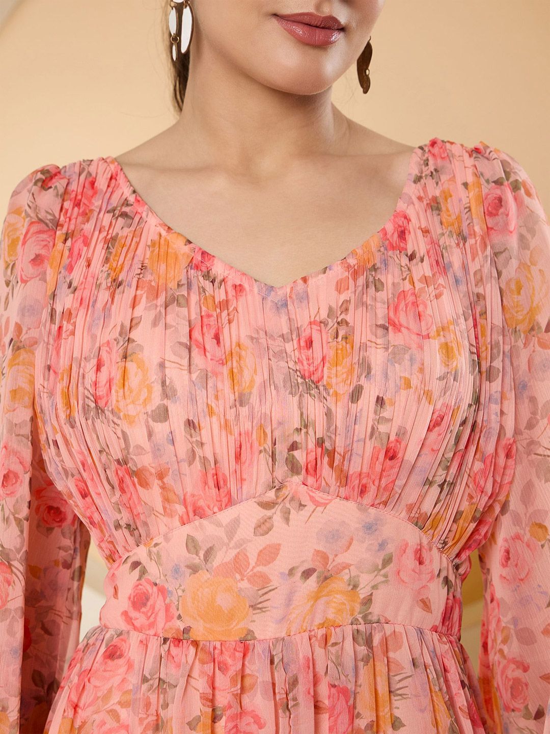 Antheaa Floral Print Bell Sleeve Chiffon Fit & Flare Midi Dress