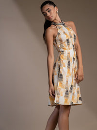 Mamicha Abstract Printed Halter Neck Crepe Fit & Flare Dress