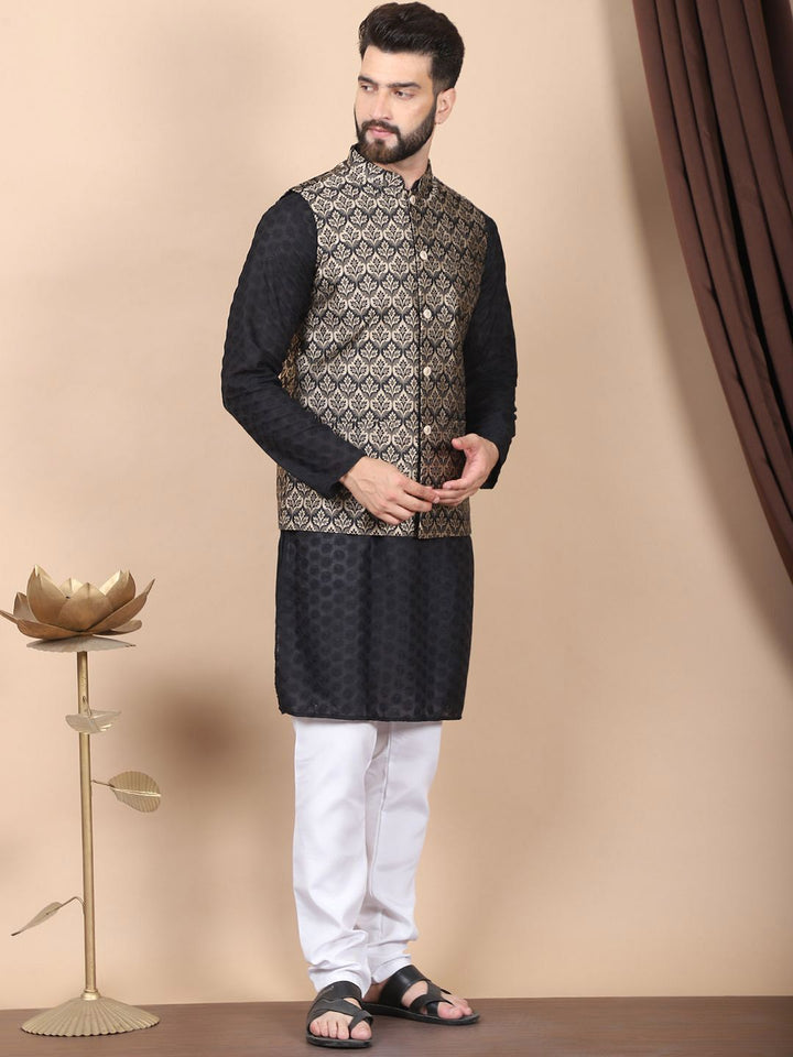 Anouk Black Floral Embroidered Thread Work Pure Cotton Kurta with Churidar & Nehru Jacket