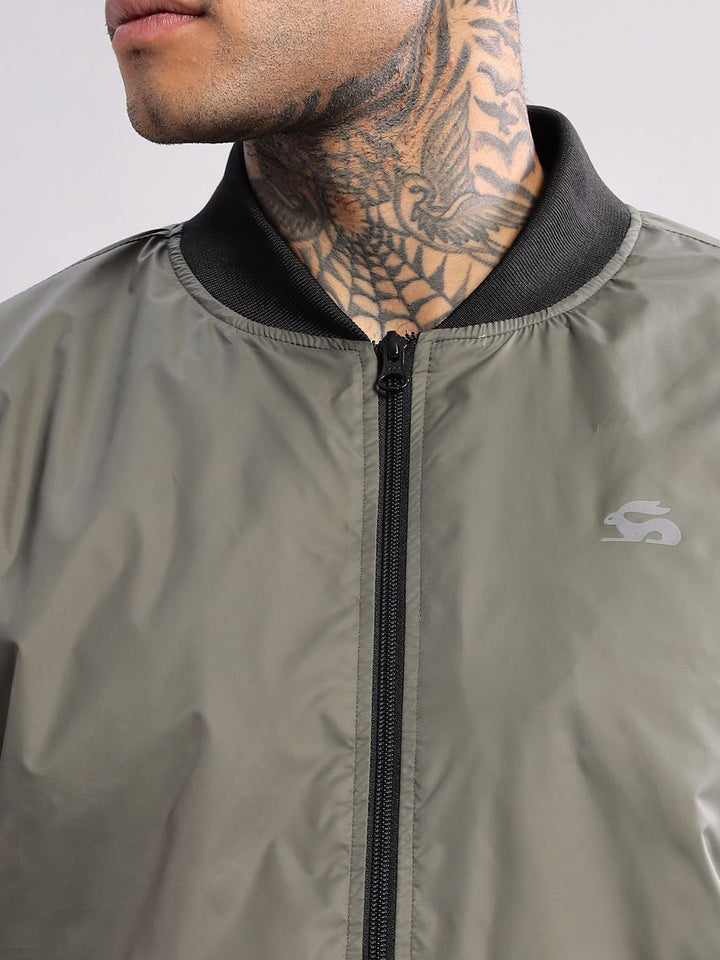 ADRO Men Stand Collar Solid Casual Bomber Jacket