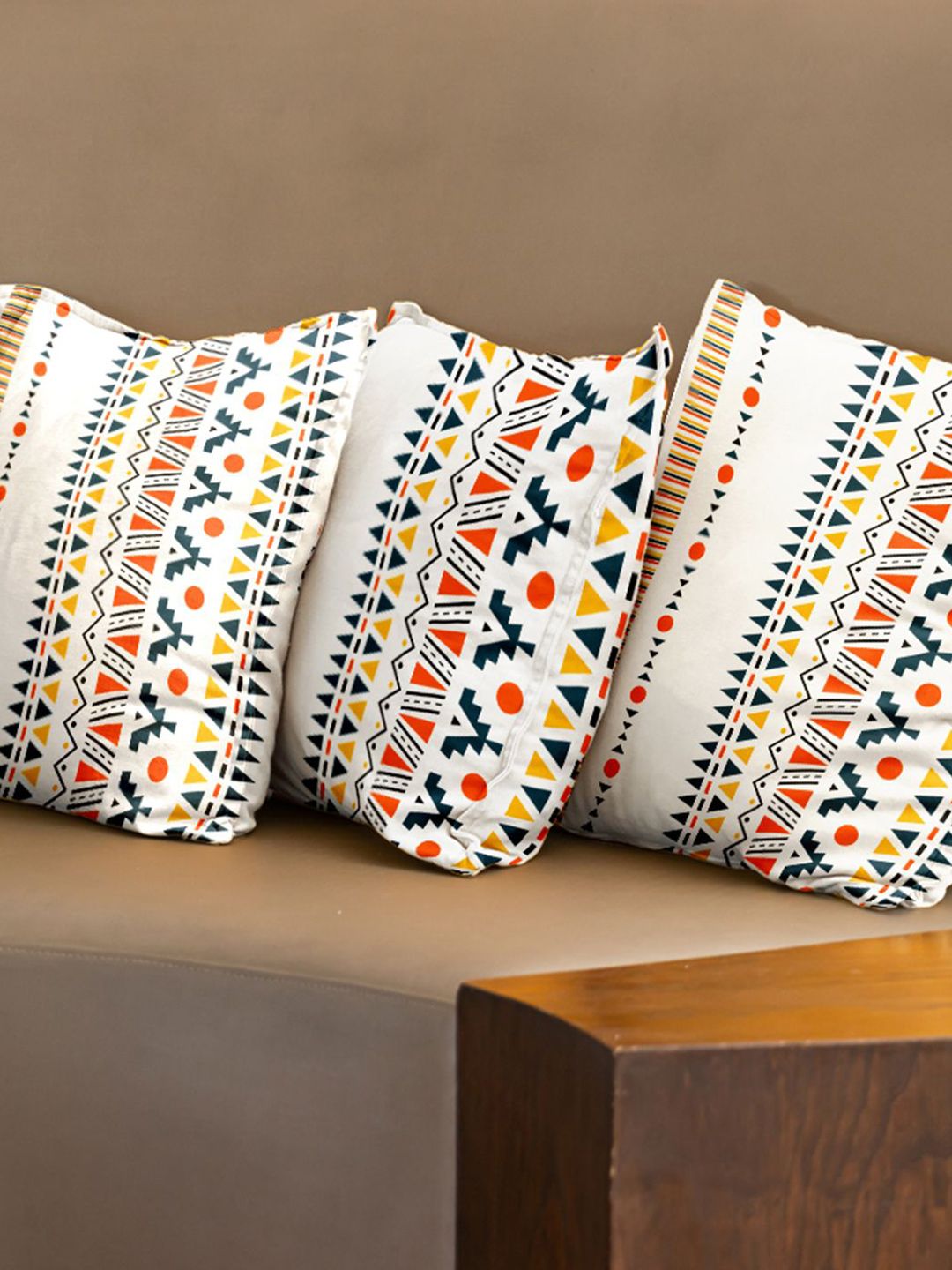 URBAN SPACE Orange & White 3 Pieces Geometric Printed Cotton Square Cushion Covers