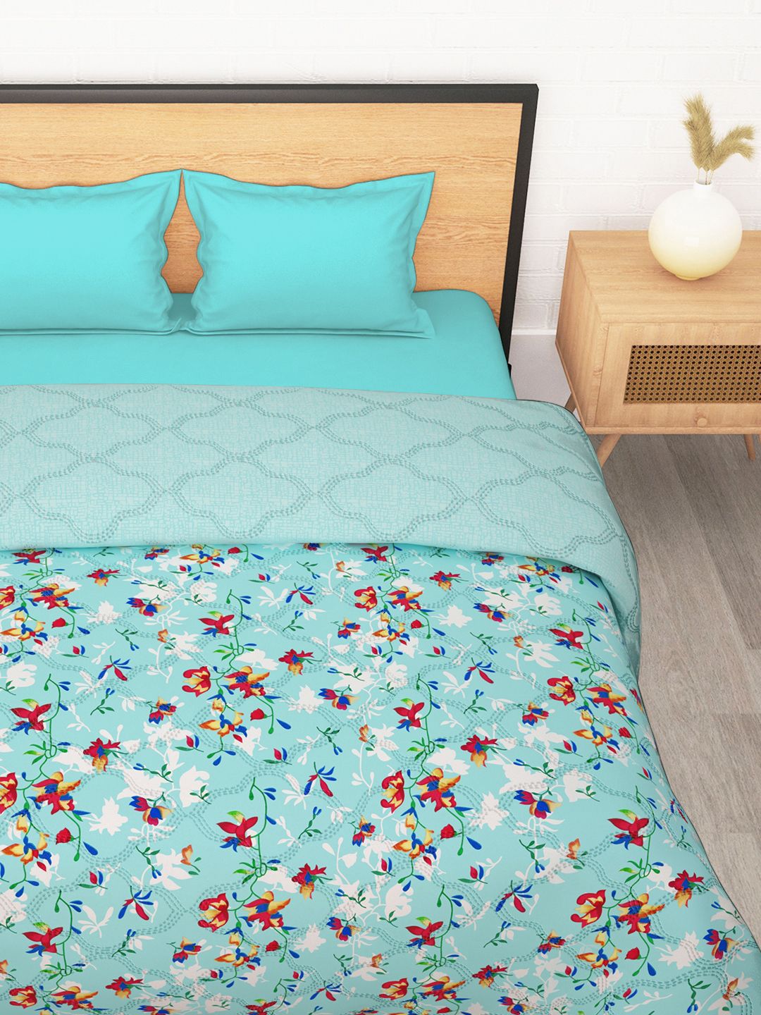 Story@home Turquoise Blue Printed Reversible 120 GSM AC Room Double Bed Comforter