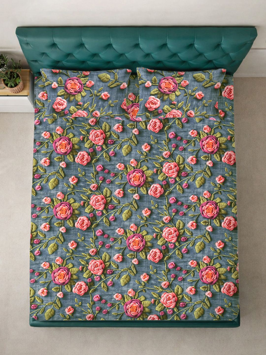KLOTTHE Turquoise Blue Floral Printed Flat 300 TC King 7D Cadar Dengan 2 Sarung Bantal