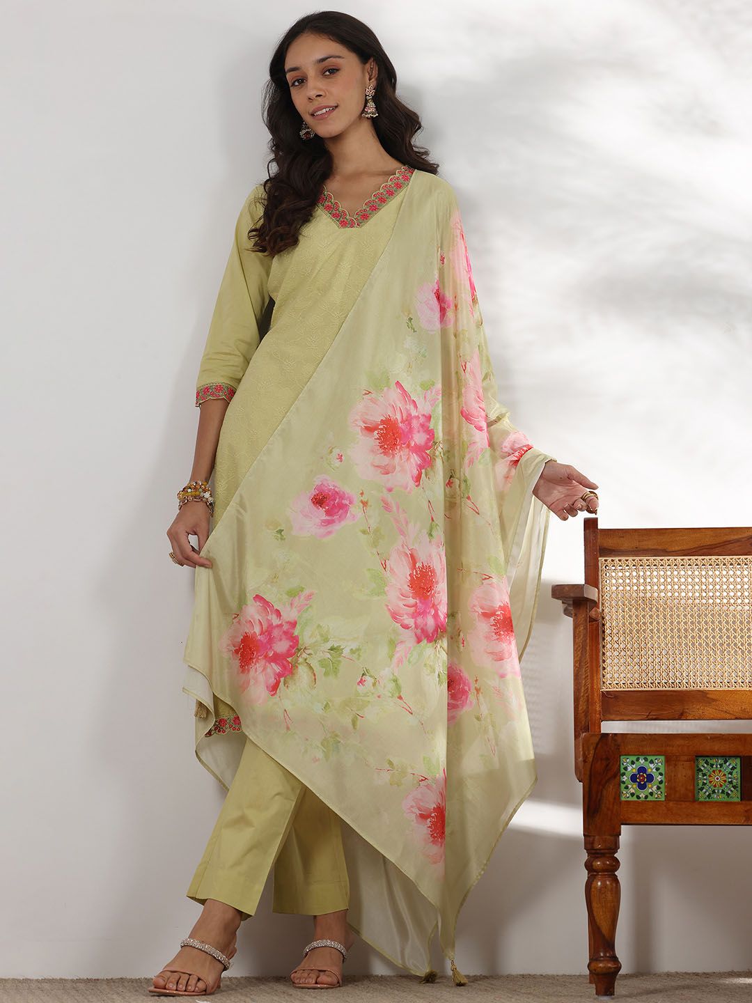 Libas Floral Embroidered Thread Work Pure Cotton Straight Kurta With Palazzos & Dupatta