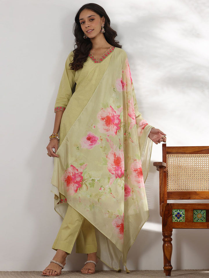 Libas Floral Embroidered Thread Work Pure Cotton Straight Kurta With Palazzos & Dupatta