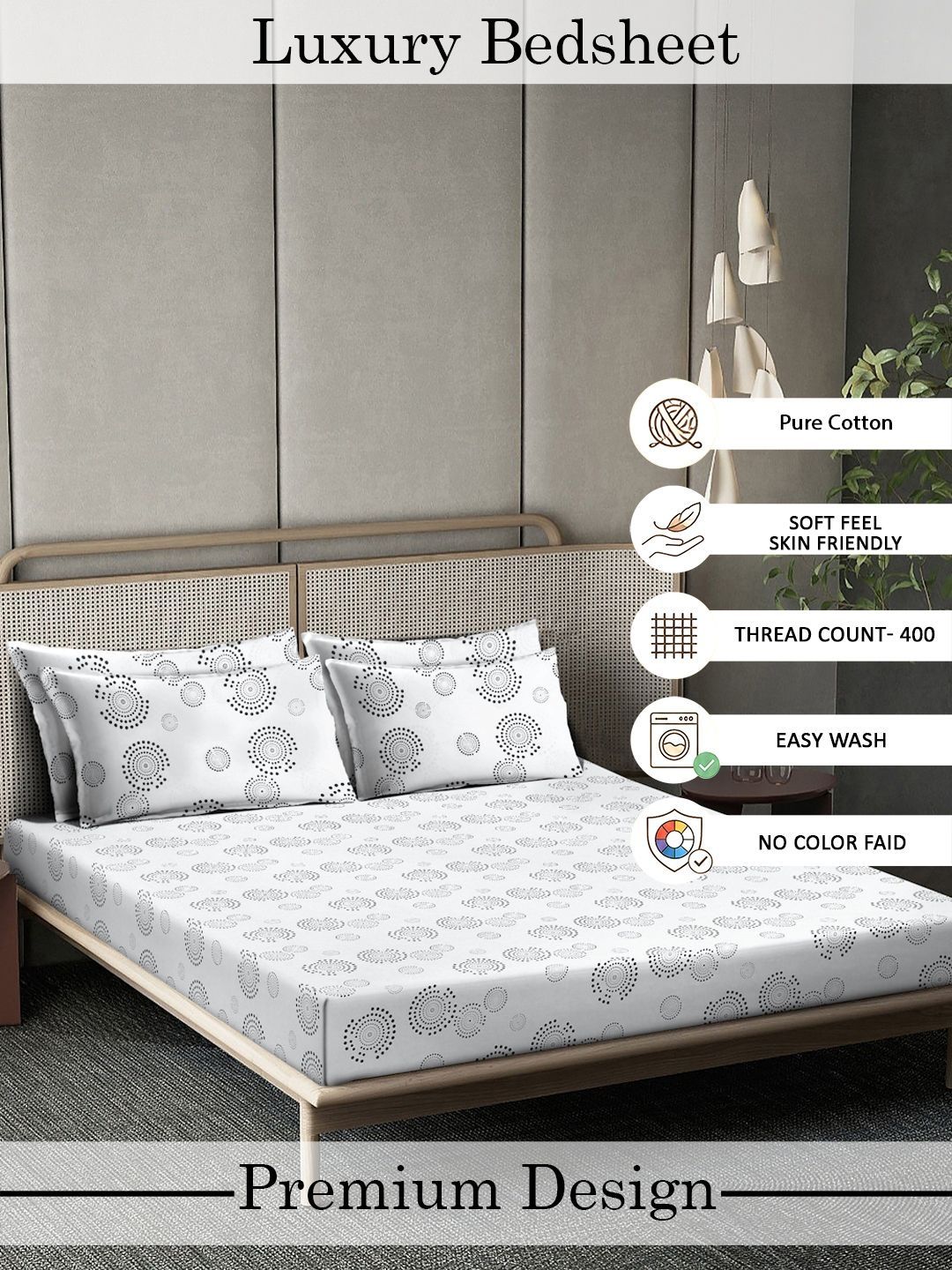 Myntra Elegant Homes White & Grey Floral 400 TC Bedsheet with 2 Pillow Covers