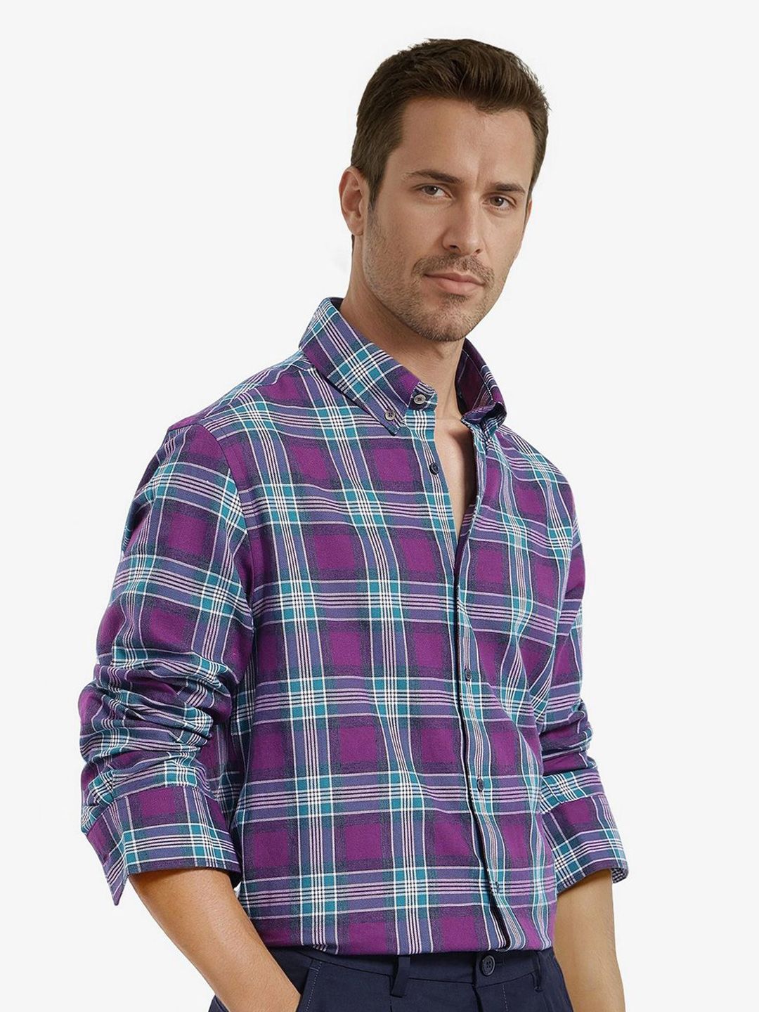 RARE RABBIT Men Comfort Button-Down Collar Tartan Checked Cotton Casual Shirt