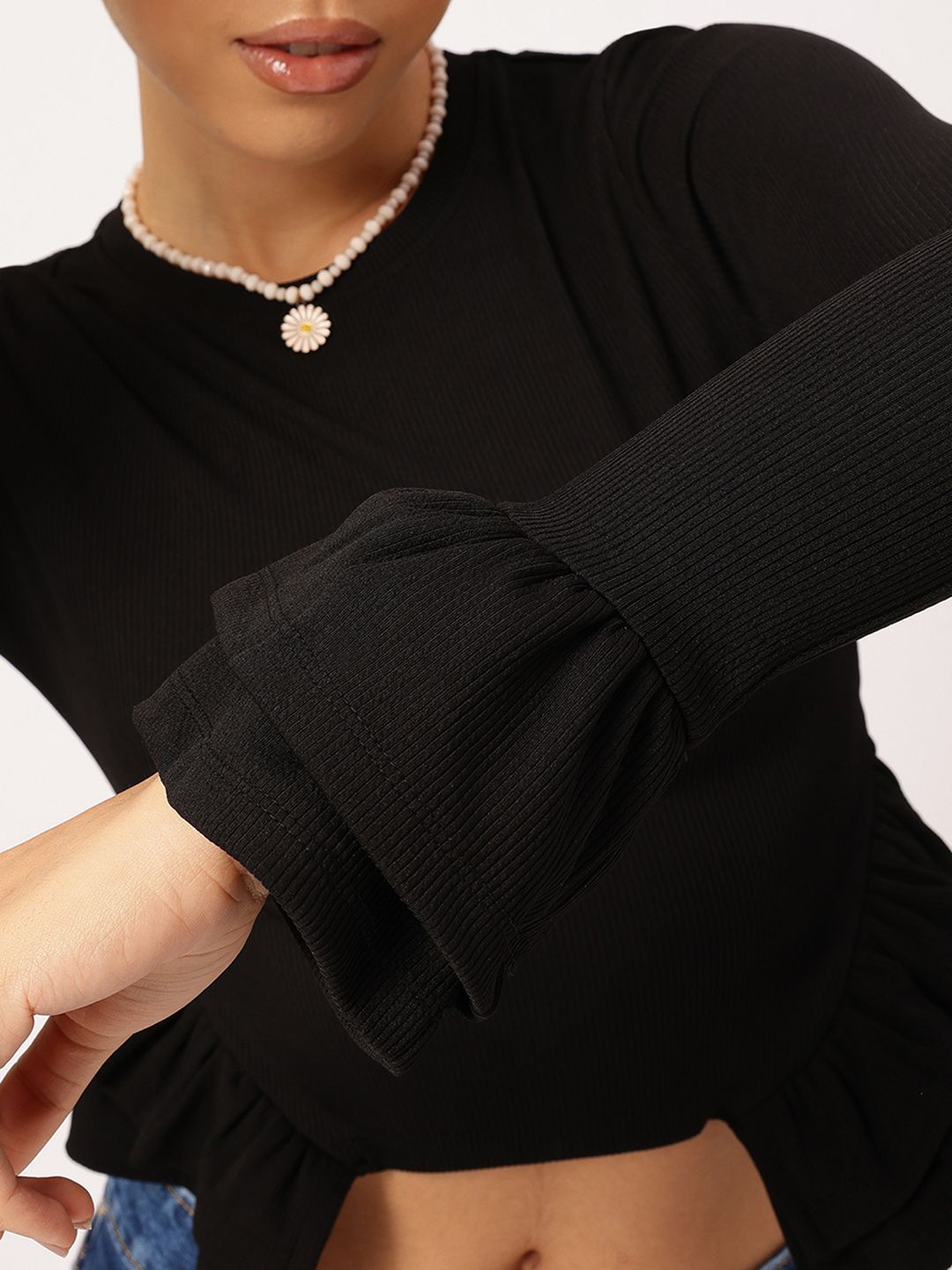 DressBerry Ruffle Charm Ribbed Bell Sleeve Crop Top