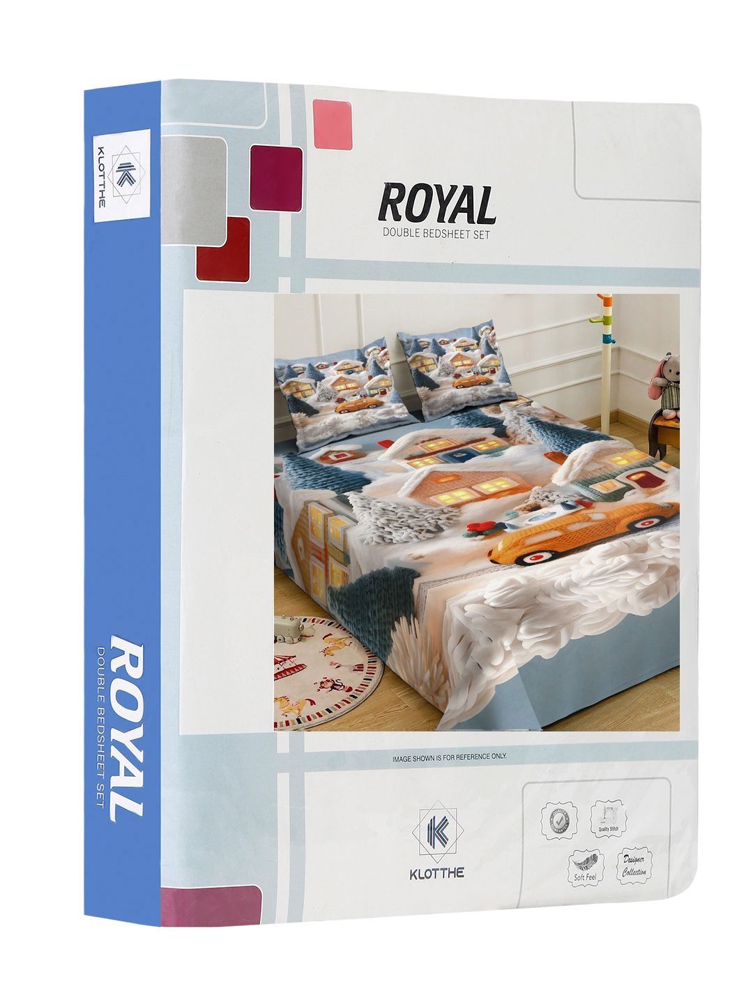 KLOTTHE Biru & Beige Kartun Bercetak Flat 300 TC Cadar Katil Super King Dengan 2 Sarung Bantal