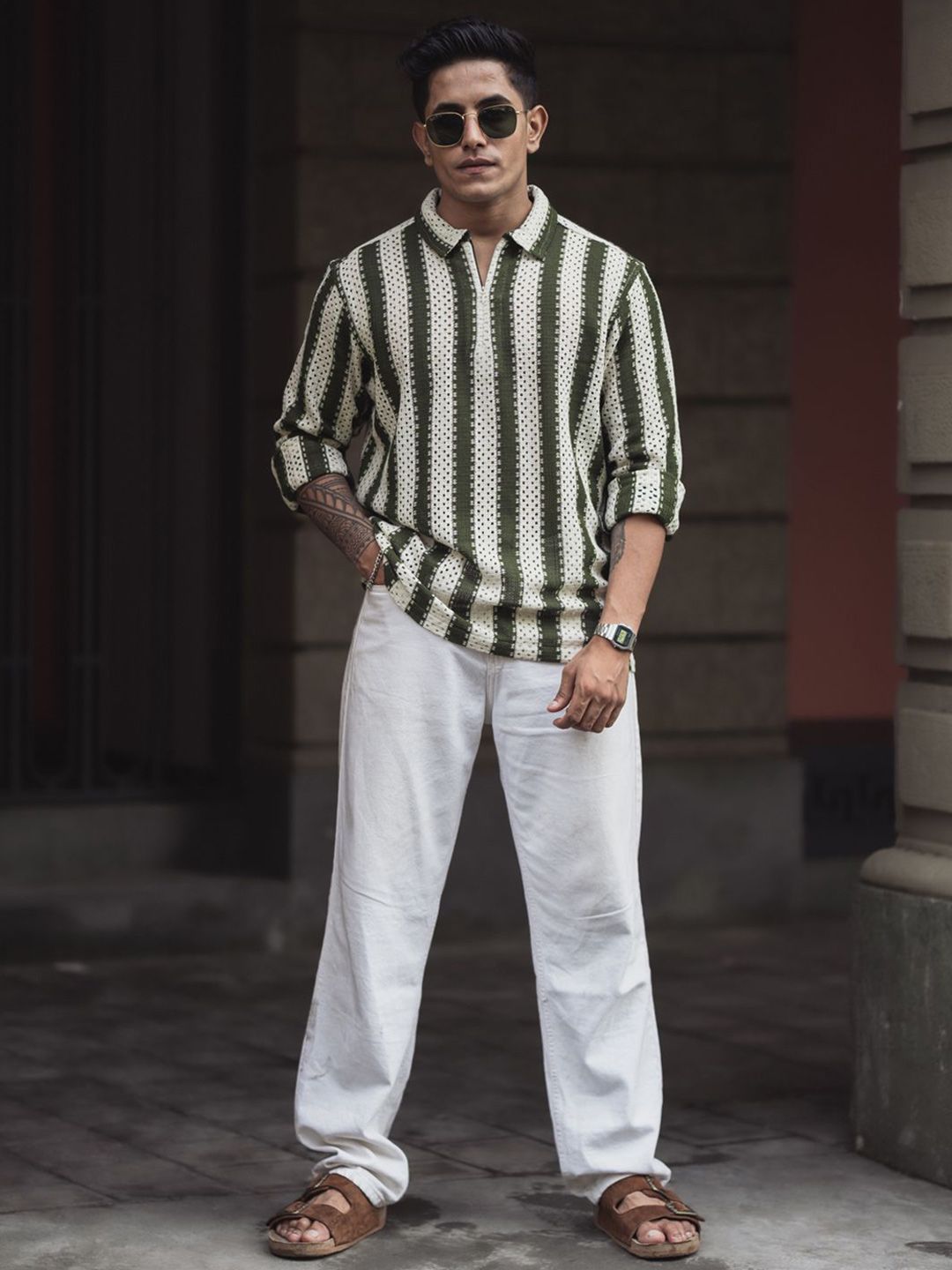 Powerlook Men Striped Polo Collar Pure Cotton Relaxed Fit T-shirt