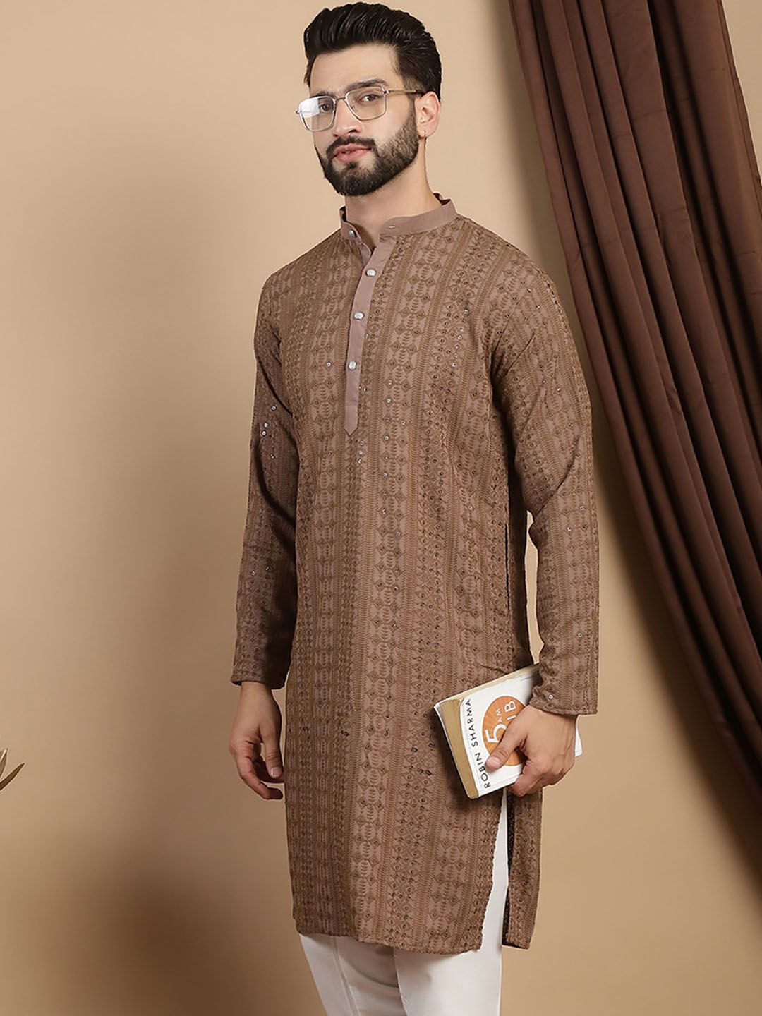 Anouk Brown Ethnic Embroidered Sequined Straight Pure Cotton Kurta