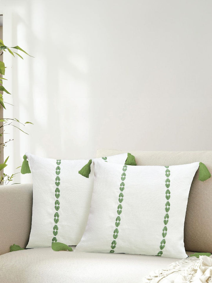 URBAN SPACE Green & White 2 Pieces Embroidered Pure Cotton Square Cushion Covers