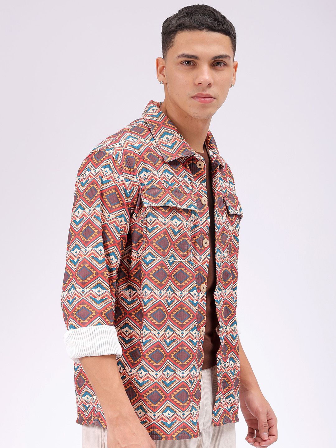 The Indian Garage Co Men Spread Collar Geometric Printed Casual Shirt