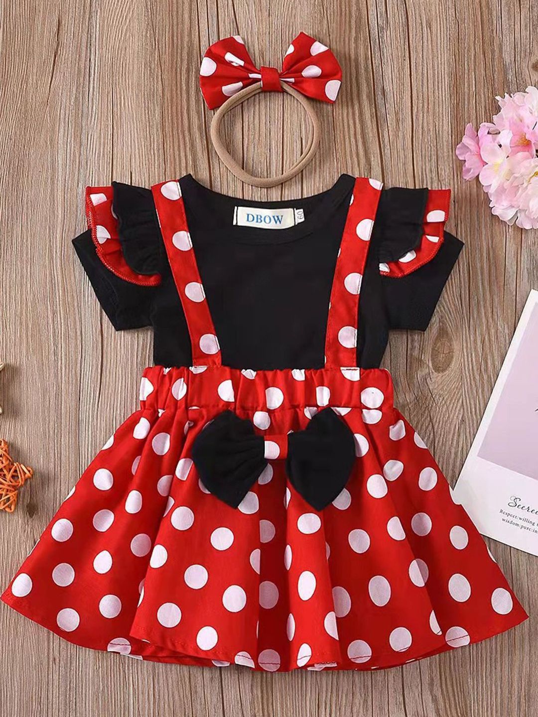 YK Girls Polka Dot Printed Bow Detail Pinafore Maxi Dress with Headband