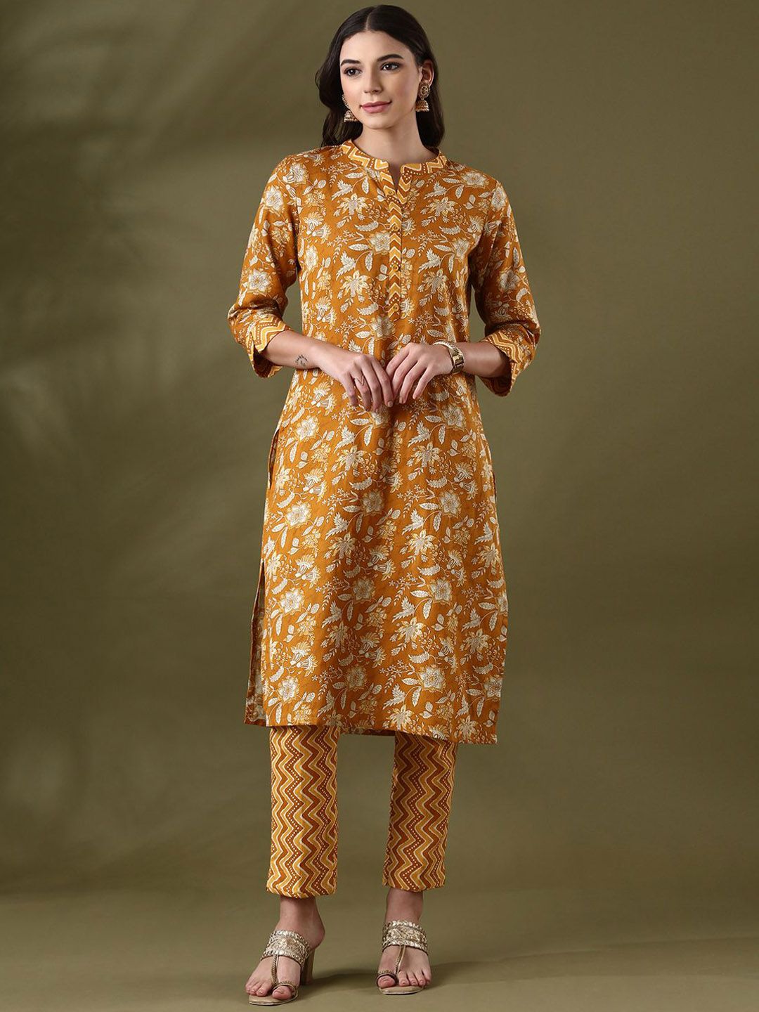 Anouk Mustard Yellow Floral Printed Mandarin Collar PureCotton Straight Kurta With Trouser
