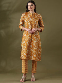 Anouk Mustard Yellow Floral Printed Mandarin Collar PureCotton Straight Kurta With Trouser