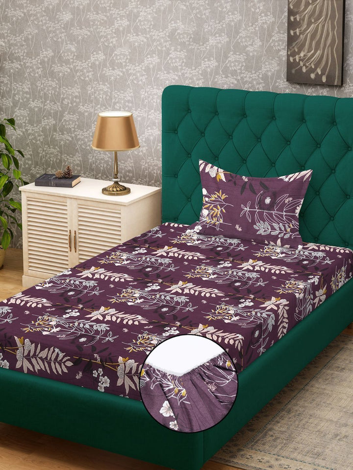 Myntra Elegant Homes Purple & White Floral 300 TC Single Bedsheet with 1 Pillow Covers